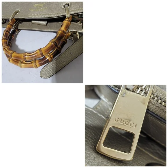 GUCCIMetallic Pebbled Calfskin Medium Bamboo Shopper Tote Golden Beige - Picture 11 of 14